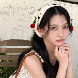 TUCEWP Crochet Bandanas Headbands Cute Cherry Hair Scarf Hippie Head Kerchief Beige Vintage Boho Knitted Triangle Tie Back Headscarf Hair Accessories for Women Girls Daily Outfit Festival Gift