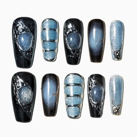 Sun&Beam Nails Handmade Press-on Medium Long Coffin Ballerina Blue Sliver Black Y2K Gradation Design False Nail Tips 10 Pcs (#138 L)