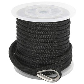 NovelBee 3/8 Inch X 50 Feet Double Braid Nylon Anchor Line with Stainless Steel Thimble and Plastic Chuck (Black)