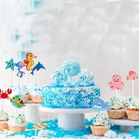 36Pcs Ocean Animal Happy Birthday Cupcake Toppers Under the Sea Animals Baby Shower Cupcake Sticks Ocean Sea Animal Birthday Theme Party Supplies for Baby Boys Girls