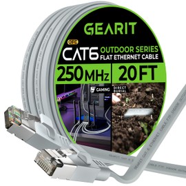 GearIT Cat 6 - Cable Ethernet plano para exteriores (20 pies, gris) con clasificación de entierro directo LLDPE - Cable de conexión RJ45 sin enganches para Internet Cat6 blindado FTP de 10 Gbps