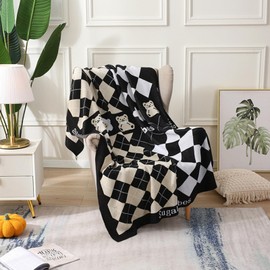 LumiSyne Knitted Throw Blanket French Vintage Style Checkerboard Grid With Cute Bear Pattern Soft Cosy Cashmere Texture Warm Shawl Blanket For Office Nap Decorative Throw For Sofa Bed Armchair