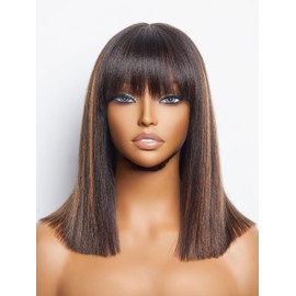 LUVME HAIR 12 Inch Yaki Straight Bob Wig with Bangs Human Hair Glueless HD Lace Bob Wig with Brown Highlights, Ready to Go Short Wigs For Women 180 Density Breathable Cap