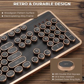 GLENCREAG RK104 Retro Mechanical Keyboard, Wired Full-Size 104 Keys with Typewriter Round Keycaps, Wooden Grain, N-Key Rollover, Green Linear Switches, Ideal for Retro Lovers