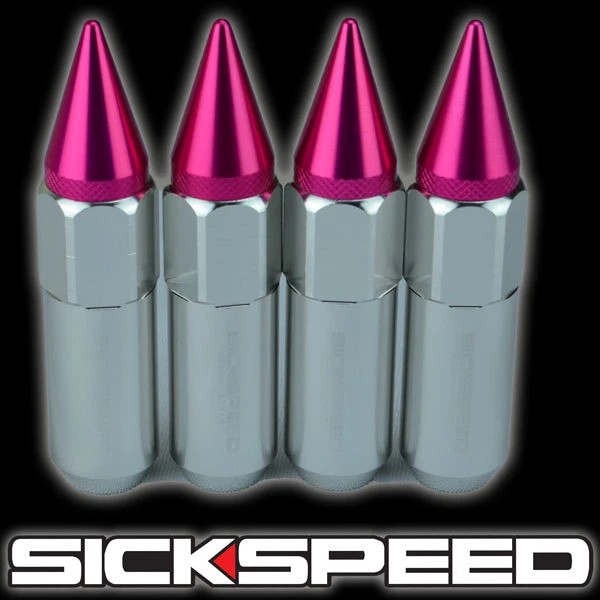 SICKSPEED 4 PC POLISHED/PINK SPIKED ALUMINUM LUG NUTS WHEELS/RIMS 12X1.25