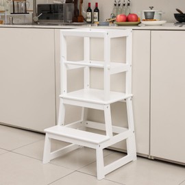 Kids Kitchen Step Stool for Kids with Safety Rail,Solid Wood Construction Toddler Learning Stool, Montessori Toddlers Kitchen Stool Tower (White)