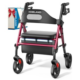 HOMLAND Foldable Rollator Walkers with Seat for Seniors, 8'' Big Wheels, 350 lb. Weight Capacity, Adjustable Handles and Seat Height, Lightweight Rolling Walker, Red