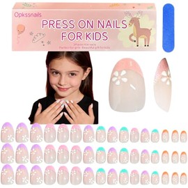 OPkssnails 96 uñas postizas para niños, 3 paquetes de uñas postizas ovaladas cortas para niñas, uñas con punta francesa coloridas y diseño de flores p