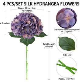 SUMTIPHUN 4 Pcs Hydrangeas Artificial Flowers, 20 inches Large Lifelike Faux Silk Flowers, Full Artificial Hydrangeas for Wedding Home Party Decor Baby Shower Table Centerpiece (Dark Purple)