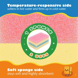 UNIMADE Scrub Sponge, Temperature Responsive Dual-Sided Cleaning Sponges, Non-Scratch Dish Sponge for Kitchen, Soft in Warm Water & Firm in Cold, 6 Pack