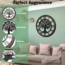 Eruner Silent Large Wall Clock: 24 Inch Tree of Life Metal Black with Solid Wood Frame - Non-Ticking Battery Operated Clock for Living Room/Kitchen/Bedroom Home Decor