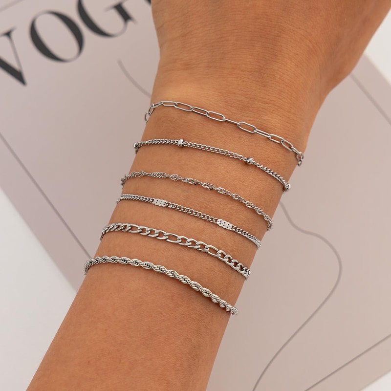 KunJoe Dainty Silver Bracelets for Women Stack, Silver Jewelry Set