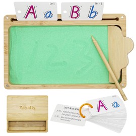 Yayatty Wooden Sand Tray with Lid for Writing Letters and Numbers, Wooden Sand Writing Trays Montessori Sand Tray with Green Sand, Card, Pen for Drawing, 10.2 x 6.3 Inch