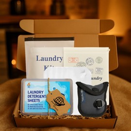 Travel Laundry Gift Set – 5-Piece Bundle with Laundry Detergent Sheets (Fresh Linen Scent), Lightweight Clothesline, Sink Stopper, Foldable Laundry Bag, Canvas Carry Bag & Breathable Frosted Zip Pouch