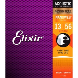 Elixir Phosphor Bronze Nanoweb 16102 Medium 13-56 Acoustic Guitar Strings 6-Pack w/Bonus Elixir Polishing Cloth