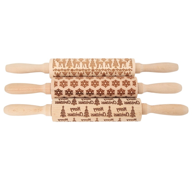 3Pcs Wooden Embossed Rolling Pin Cute Christmas Pattern Engraved Embossing