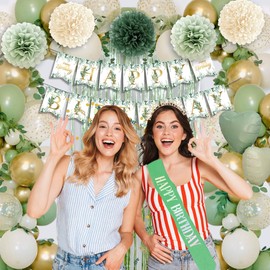 Birthday Decorations Set, Sage Green Party Decoration with Sage Green Balloons, Banner, Pom Poms, Fringe Curtain Background, Birthday Crown, Shoulder Strap for Girls Women Boho Party Supplies