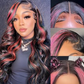 Ombre Lace Front Wig Human Hair 1B/Pink 13x4 Skunk Stripe Highlight Colored Wigs Human Hair Body Wave HD Frontal Wigs Human Hair Pink And Black Wig Glueless Wigs Human Hair 180% Density 22 Inch