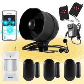 Upgraded WiFi Security Alarm System Kit-Wireless 120db Loud Weatherproof Siren Horn with Remote Control& Door Contact Sensor&Motion Sensor Alarm Home Hotel Garage Shop Burglar Alarm System(Wifi Set F)