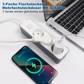 EXTRASTAR Flat Plug Multiple Socket 3-Way Power Strip Flat Plug with Push Button Switch 3 m Cable for Office and Home White