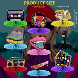 9 Pieces 90s Theme Party Decorations Honeycomb Centerpieces Table Topper Retro Table Decor Vintage Hip Hop Supplies 1990s Party Favors Photo Booth Props for Back to 90's Nostalgic Hippy Party