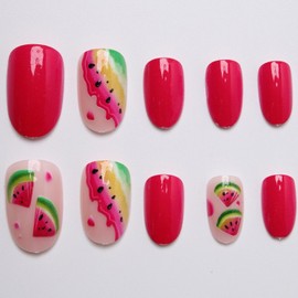 Short Almond Press on Nails Summer Fake Nails with Watermelon & Strawberry Design Acrylic False Nails Glue on Nails Glossy Full Cover Acrylic Stick on Nail for Women Girls 24 Pcs