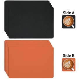 Myir JUN Leather Table Mats and Coasters, Dual-Sided Leather Placemats and Coasters Waterproof Placemats Set of 4 Place Mats Non-Slip Washable Table Mats (Black Orange, Set of 4)