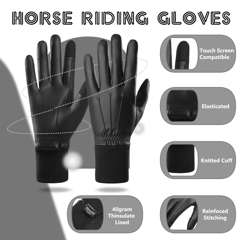 AFE Ladies Horse Riding Gloves Synthetic Leather Equestrian Black Stretch