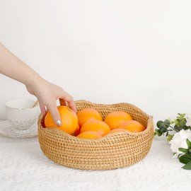 IGNPION Rattan Storage Bowl Woven Fruit Basket Round 23.5cm Bread Serving Basket Snack Egg Storage Bowls Dinner Table, Desktop Countertop, Decorative Display Storage Baskets