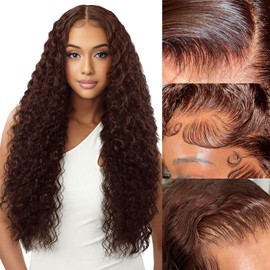 LZGYE Brown Curly Wig Human Hair 220% Density 13x6 Water Wave Lace Front Wigs Chocolate Brown Deep Wave Wig With Baby Hair Brown Human Hair Wig 13x6 Pre Plucked Wet and Wavy Wigs For Women 24 Inch