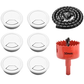 Surf turtle Desk Grommet 6 Pack 2 Inch White Flexible Cable Cord Grommets,Bi-Metal Hole Saw Kit with Cord Wrap Coiled Tube Management,2 m Cable Sleeve Organizer with Table Hole Cover