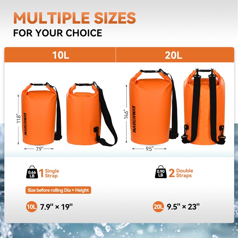 MARCHWAY Floating Waterproof Dry Bag Backpack 5L/10L/20L/30L/40L, Roll Top Sack