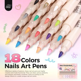 GELLAKTIK 18 Colors Nail Art Pens Set, 3D Nail Polish Pens Quick-Drying Acrylic Paint Markers, Dotting Liner Brush for DIY Nail Design, Home & Salon Manicure Tools