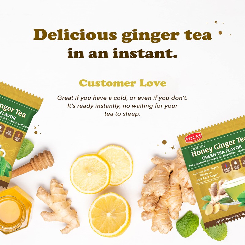 Pocas Honey Ginger Instant Tea Powder, Green Tea Flavor, Ginger
