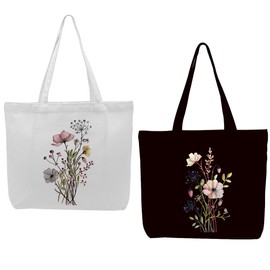 2 Pieces Canvas Tote Bag Classic Floral Black & White Set Canvas Bag with Pocket for Work Shopping Beach Reusable Grocery Bags Birthday Christmas Presents for Women Girls Lawyer Teacher Appreciation