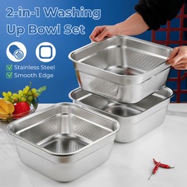 2 in 1 Large Stainless Steel Sink Basin with Colander, Lancisism 12.6" Stainless Steel Washing-up Bowl Multi-purpose Dish Tub for Sink Wash Basins Dishpan for Sink