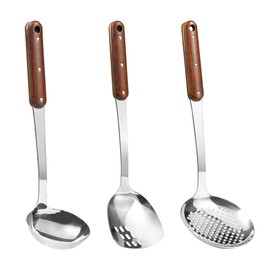 FJNATINH Stainless Steel Wok Spatula,Ladle,Skimmer Ladle Tool Set,Mirror Polished Cooking Utensils with Wooden Handle,Easy to Clean Wok Accessories,Sliver 3 PCS