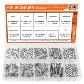 HELIFOUNER 240 PCS Phillips #2-56 Flat Head Machine Screws and Nuts Assortment Set, Coarse Thread, Fully Machine Threaded, 304 Stainless Steel