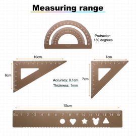 sourcing map 4pcs Triangular Ruler Set 15mm Aluminum Geometric Protractor Triangle Engineering Scale Drafting Ruler Kit for Office Home, Gold