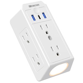 USB Outlet Extender Surge Protector, Multi Plug Outlet Extender with 6 AC Plug Splitter and 3 USB Ports (1 USB C) Wall Charger, 3-Sided Swivel Power Strip with LED, 1875W, for Home, Office (White)