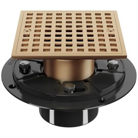 4 Inch Champagne Bronze Shower Drain- Square Shower Floor Drain Kit with ABS Flange-Removable Grid Strainer Cover - SUS304 Stainless Steel Floor Drain Kit