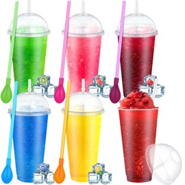 Ninehaoou 6 Set Slushie Cups with Dome Lids and Straws Detachable Spoon Straws Reusable Plastic Iced Coffee Cups Smoothie Tumbler for Birthdays Summer Party Supplies(Clear,24 oz)