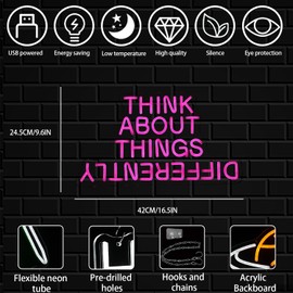 Think About Things Differently Neon Sign, Dimmable Office Neon Light, Pink Letter LED Light Up Sign for Classroom, Bedroom, Office, Study Room, Library Decoration