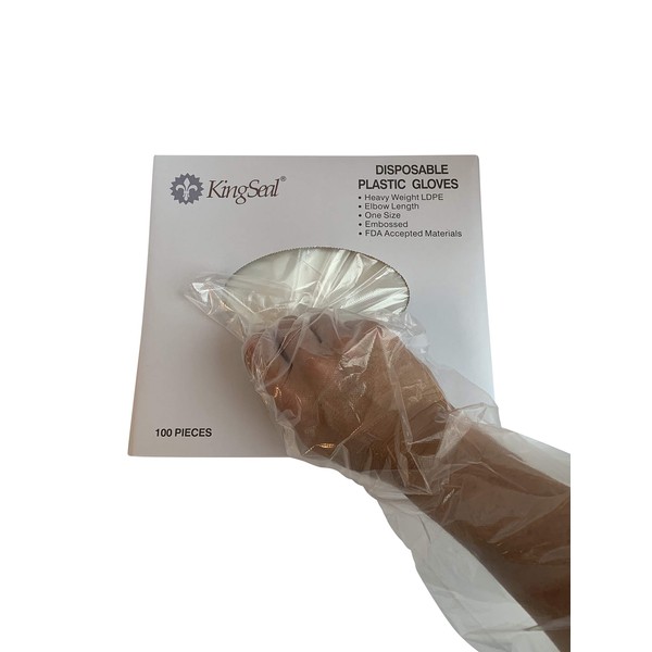 KingSeal Poly Elbow Length Disposable Gloves, 21 inches from Fingertip to Cuff, Embossed Finish for Better Grip - 1 Pack of 100 Gloves (One Size Fits Most)