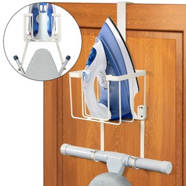 ORLESS Over The Door/Wall Mount Ironing Board Hanger, Laundry Room Iron and Ironing Caddy Board Storage Holder Cream