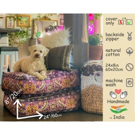 Mandala Life ART Large Floor Cushion Purple Large Ottoman Stool Luxury Stool with Handmade Room Decor Oriental Seating Corner Boho Pet Bed Marrakech Decoration 100% Cotton Unfilled 60 x 20 cm