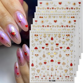 Heart Star Nail Art Stickers Nail Decals 3D Self-Adhesive Gold Red Heart Star Nail Sticker DIY Manicure Glitter Hearts Stars Nail Design Nail Charms for DIY Women Girls Nail Art Decoration 6Sheets