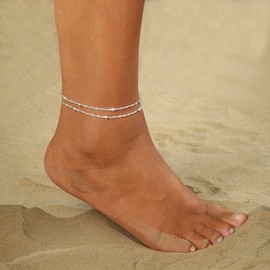 MIDEEO Sterling Silver Anklet Bracelets for Women,925 Sliver Plated Anklets for Women Waterproof Cuban Link Heart Beads Herringbone Rhinestone Anklets Set Layered Anklet Bracelets Jewelry Gift