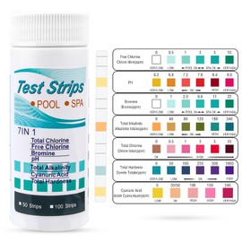 7 in 1 Pool Test Strips, 100 Strip Pool Test Strips for Above Ground Pool, Pool Test Kit, Accurate Testing Chlorine, Hardness, Bromine, Alkalinity, Cyanuric Acid pH