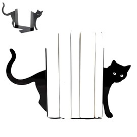 Zliger Metal Bookends, Pack of 2 Black Cat Bookends, Black Bookends, Decorative Book Stopper, Book Lovers and Cat Lovers